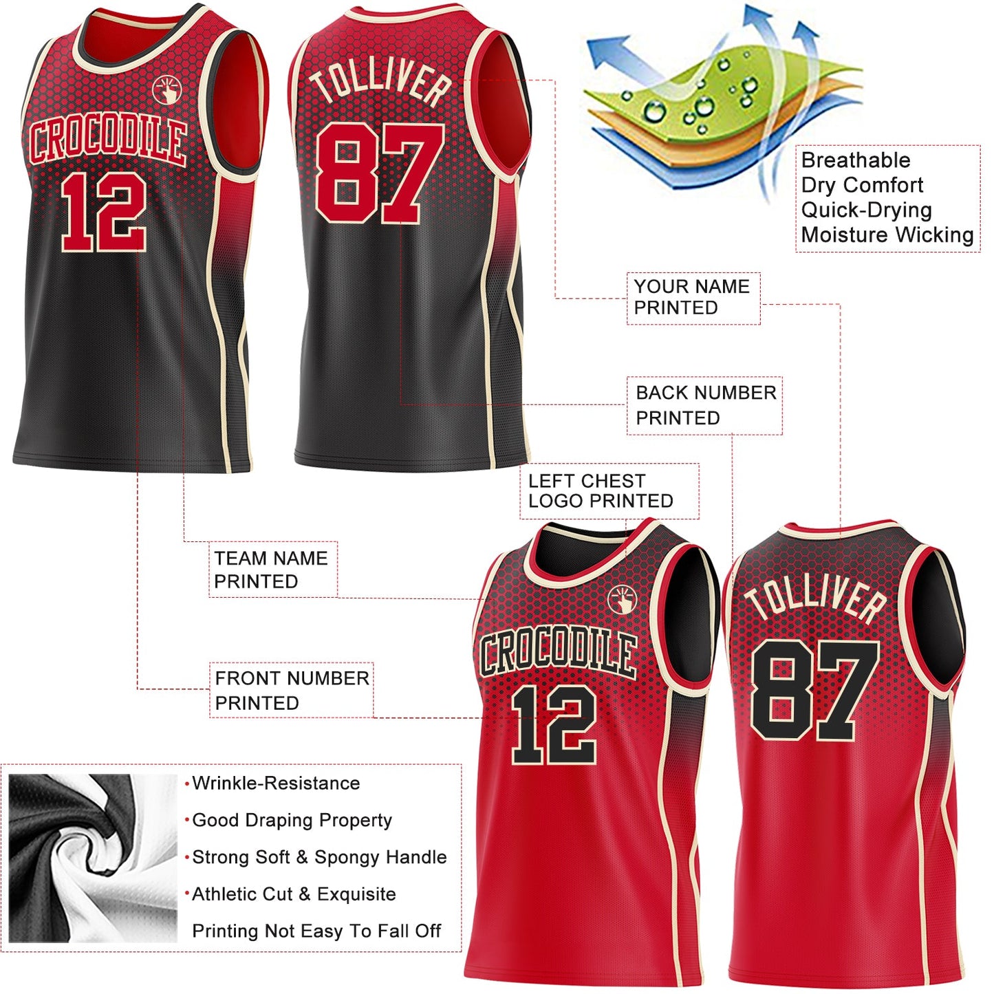 Custom Black Red-Cream Side Panel Stripe Gradient Geometric Honeycomb Reversible Double Side Sublimation Basketball Set Jersey