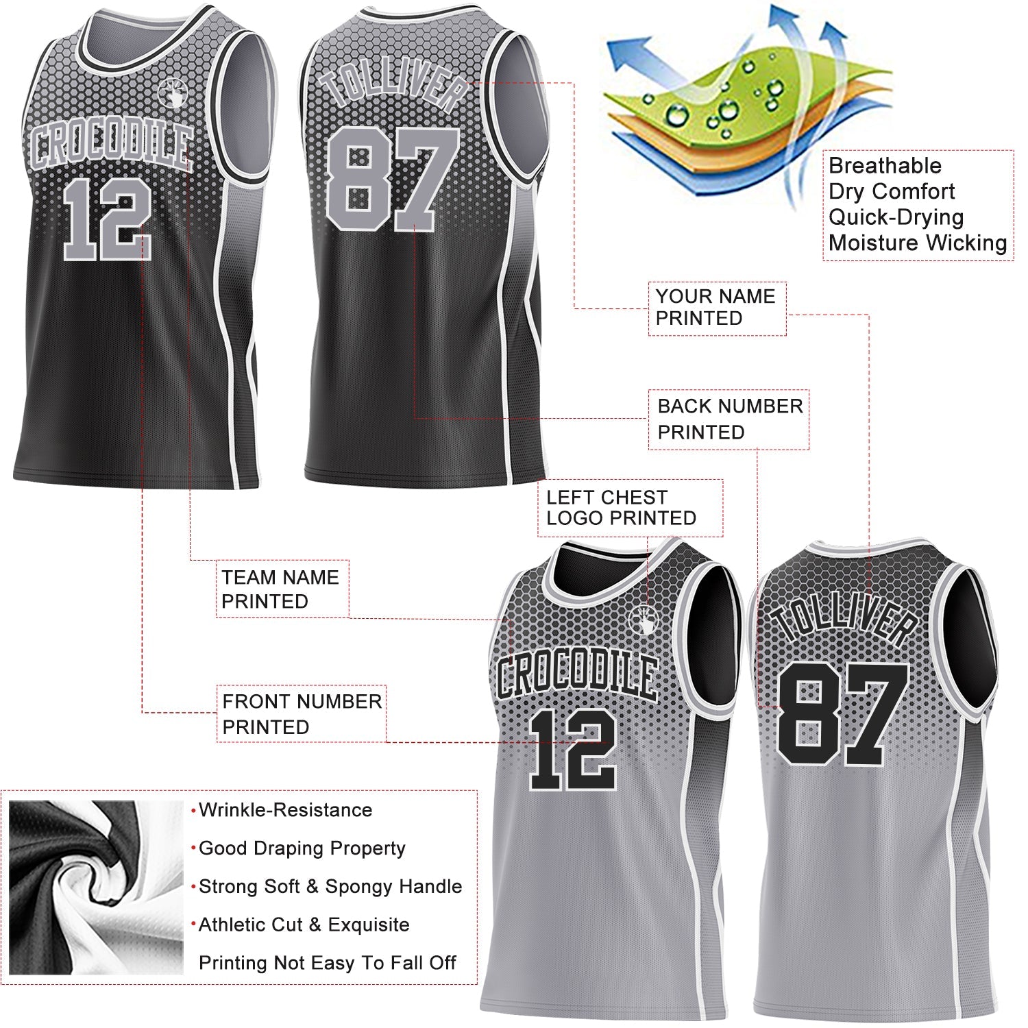 Custom Black Gray-White Side Panel Stripe Gradient Geometric Honeycomb Reversible Double Side Sublimation Basketball Set Jersey
