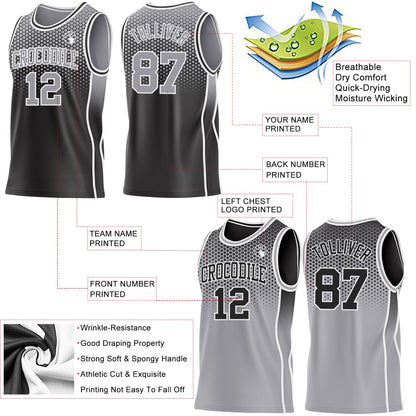 Custom Black Gray-White Side Panel Stripe Gradient Geometric Honeycomb Reversible Double Side Sublimation Basketball Set Jersey