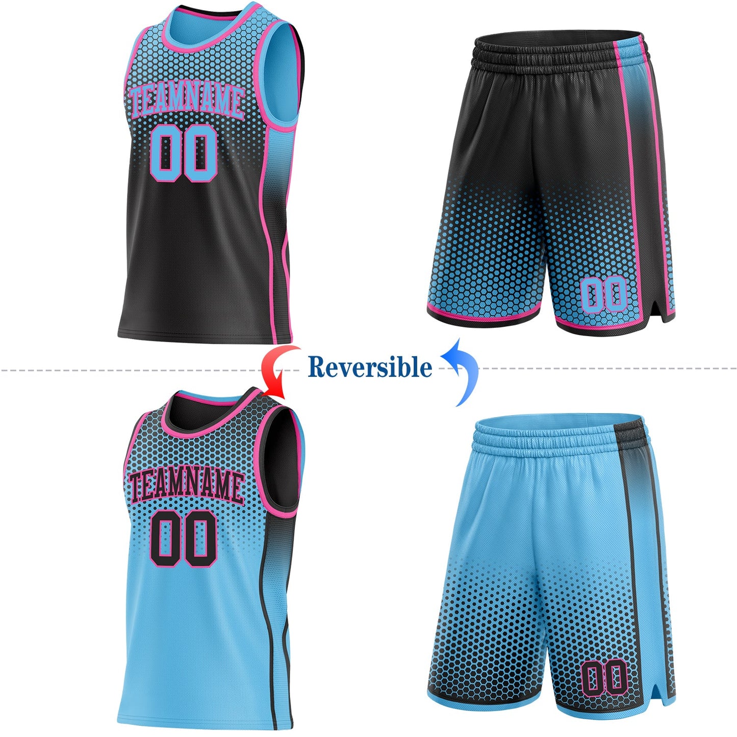 Custom Black Sky Blue-Pink Side Panel Stripe Gradient Geometric Honeycomb Reversible Double Side Sublimation Basketball Set Jersey
