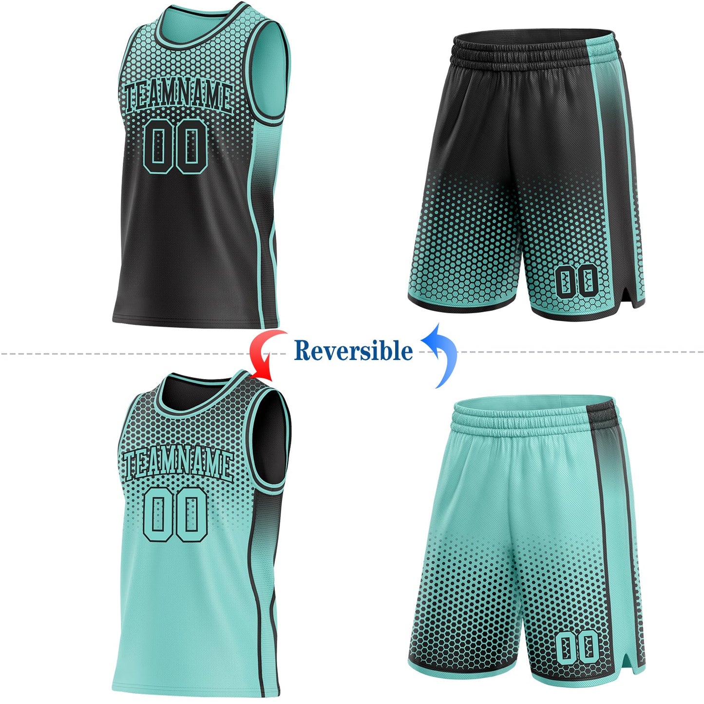 Custom Black-Ice Blue Side Panel Stripe Gradient Geometric Honeycomb Reversible Double Side Sublimation Basketball Set Jersey