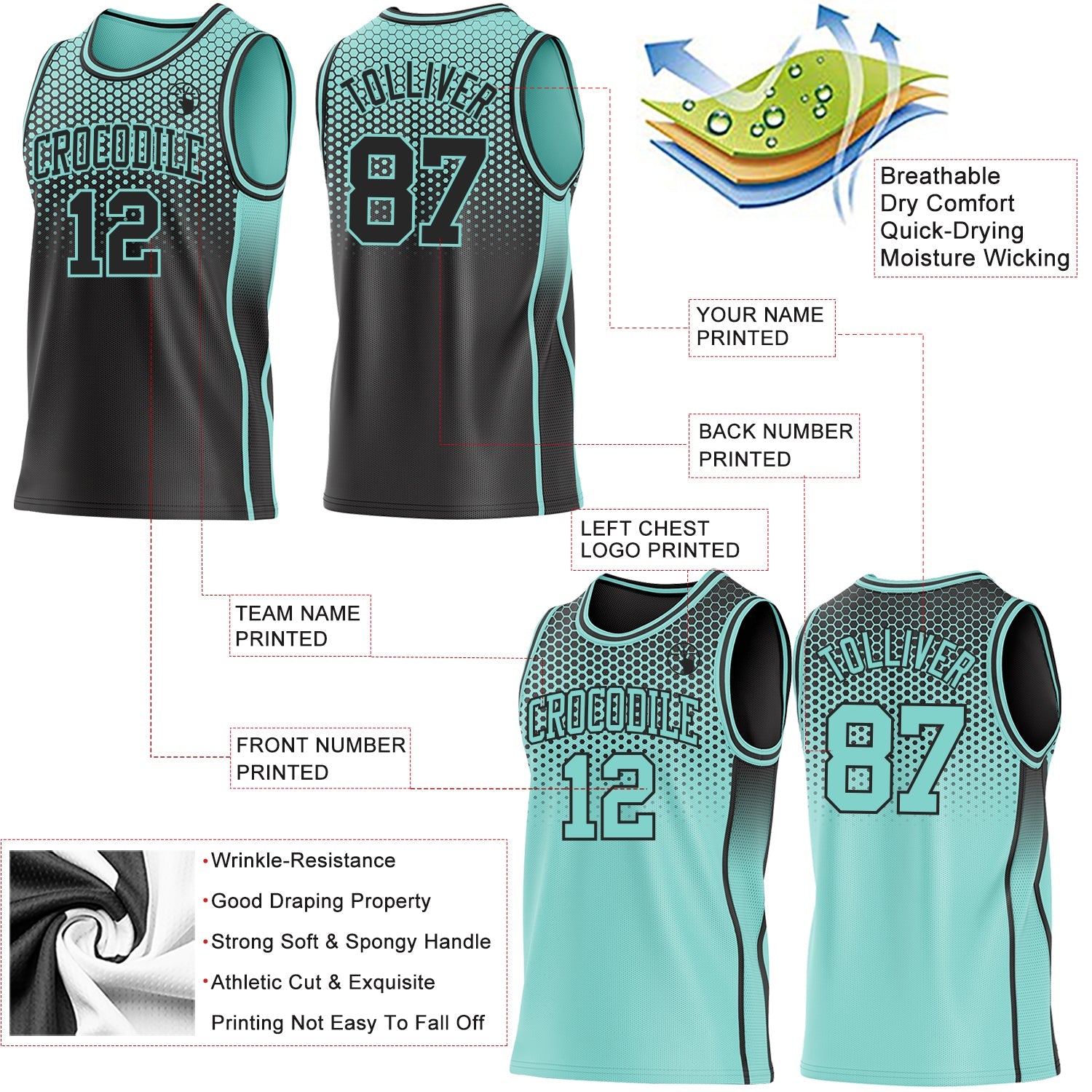 Custom Black-Ice Blue Side Panel Stripe Gradient Geometric Honeycomb Reversible Double Side Sublimation Basketball Set Jersey
