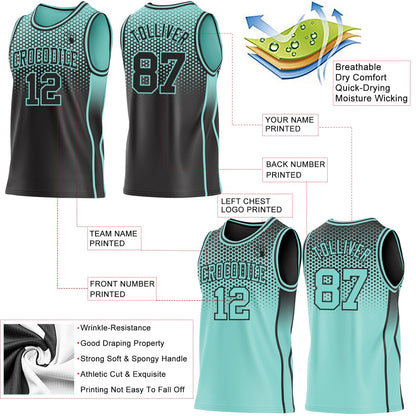 Custom Black-Ice Blue Side Panel Stripe Gradient Geometric Honeycomb Reversible Double Side Sublimation Basketball Set Jersey