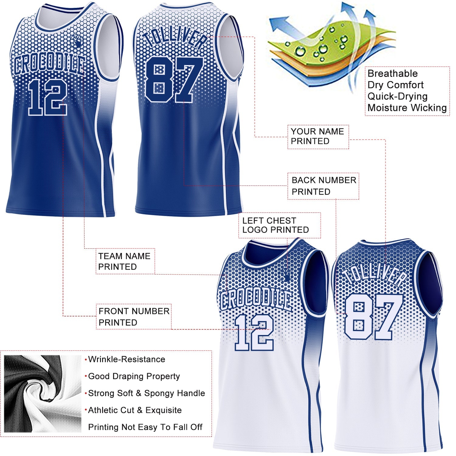 Custom Royal-White Side Panel Stripe Gradient Geometric Honeycomb Reversible Double Side Sublimation Basketball Set Jersey