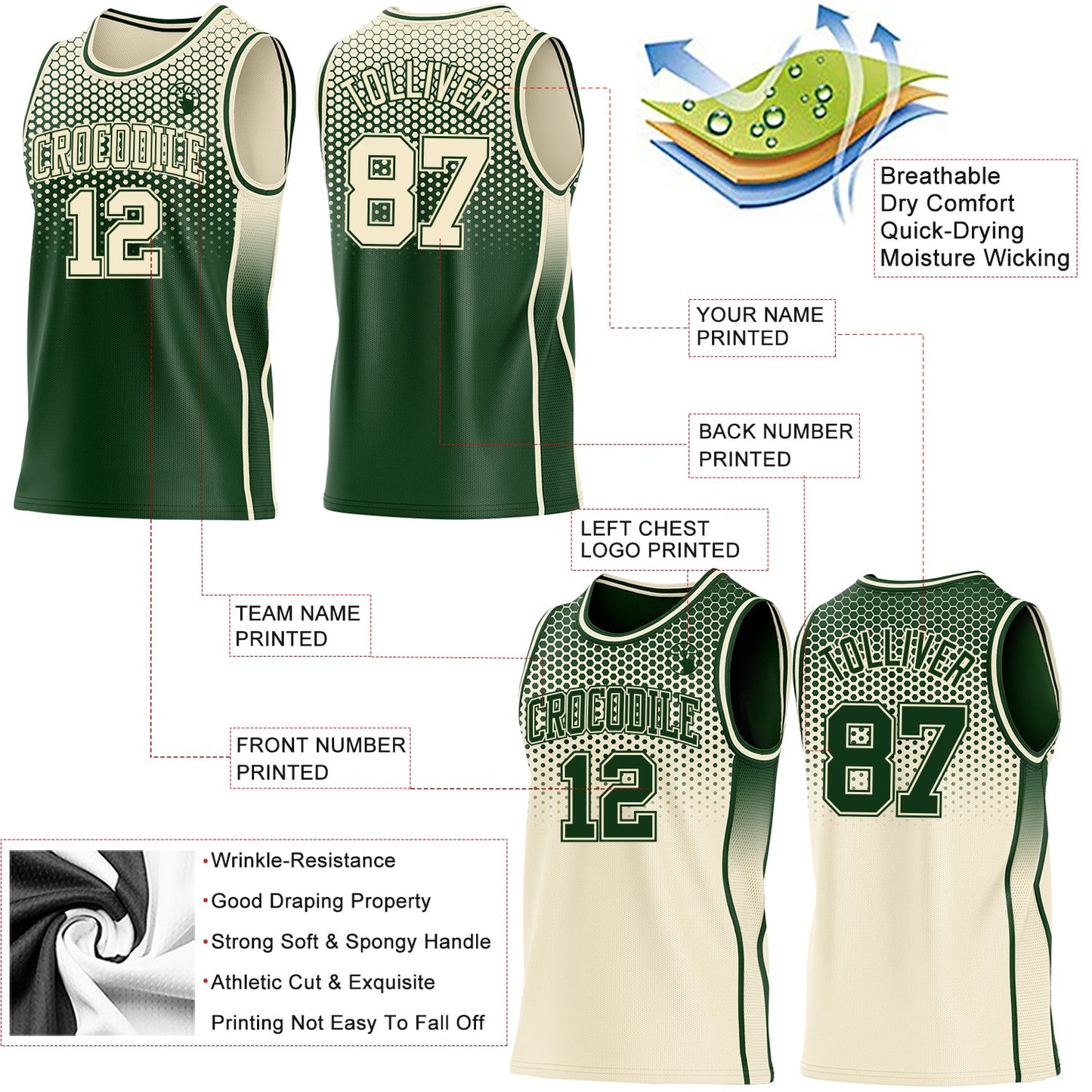 Custom Green-Cream Side Panel Stripe Gradient Geometric Honeycomb Reversible Double Side Sublimation Basketball Set Jersey