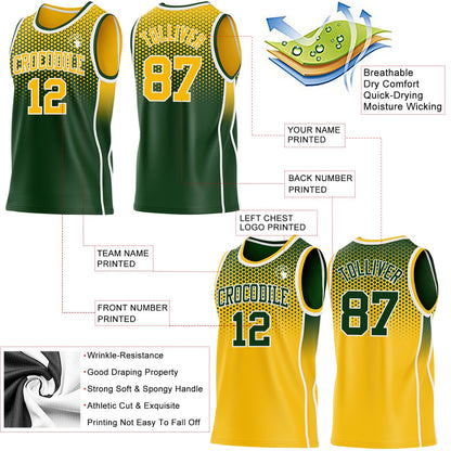 Custom Green Gold-White Side Panel Stripe Gradient Geometric Honeycomb Reversible Double Side Sublimation Basketball Set Jersey