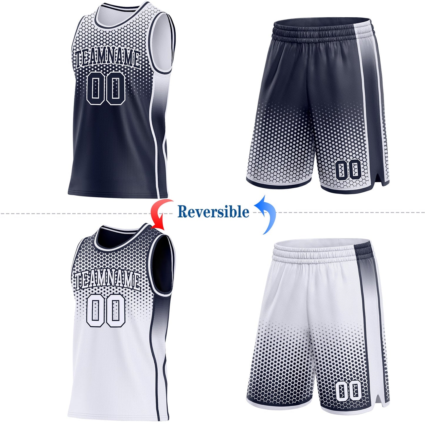 Custom Navy-White Side Panel Stripe Gradient Geometric Honeycomb Reversible Double Side Sublimation Basketball Set Jersey