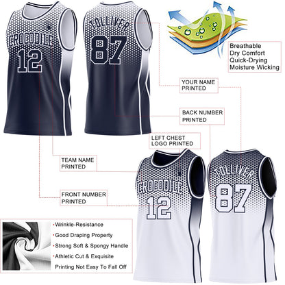 Custom Navy-White Side Panel Stripe Gradient Geometric Honeycomb Reversible Double Side Sublimation Basketball Set Jersey