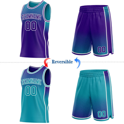Custom Purple Teal-White Side Panel Stripe Gradient Geometric Honeycomb Reversible Double Side Sublimation Basketball Set Jersey