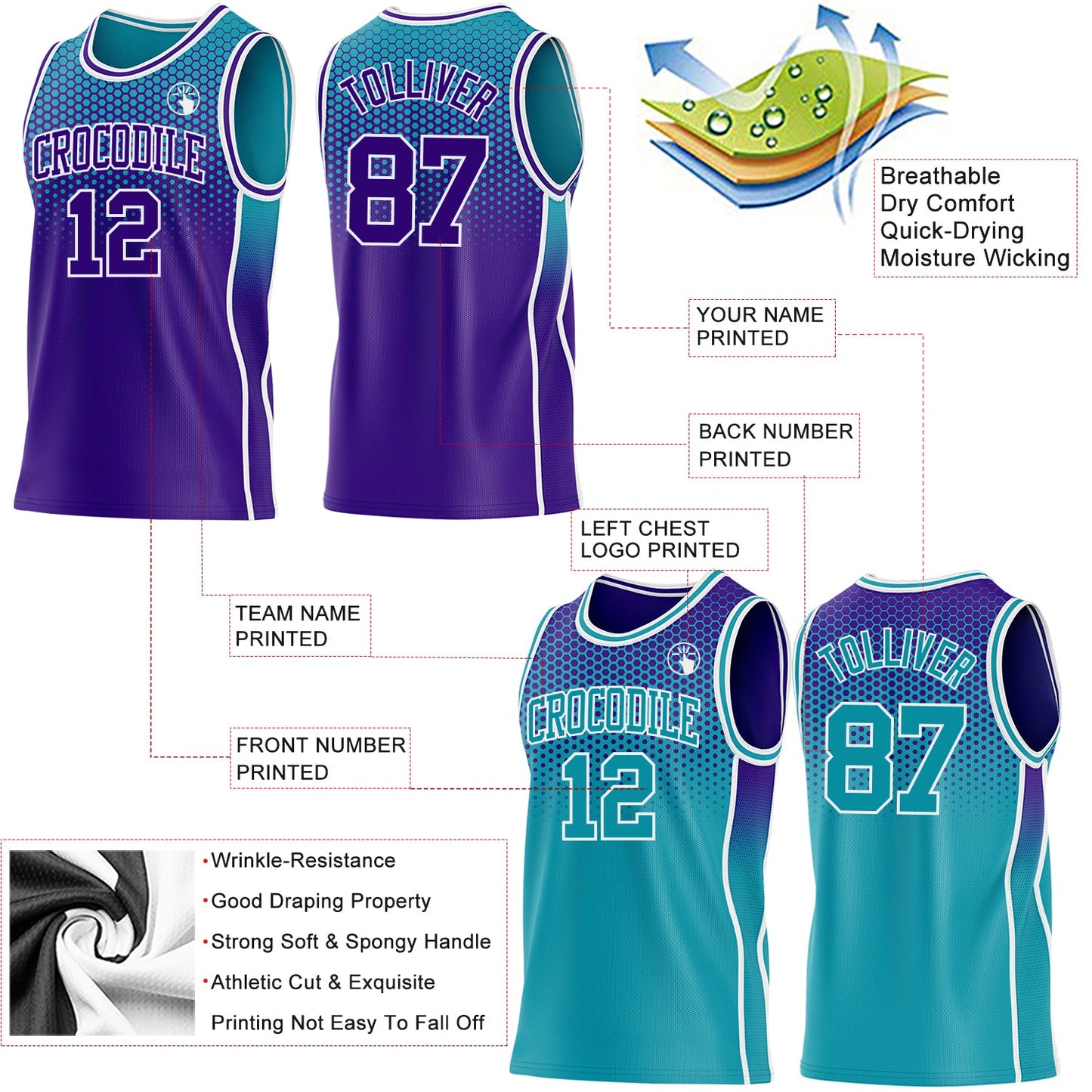 Custom Purple Teal-White Side Panel Stripe Gradient Geometric Honeycomb Reversible Double Side Sublimation Basketball Set Jersey