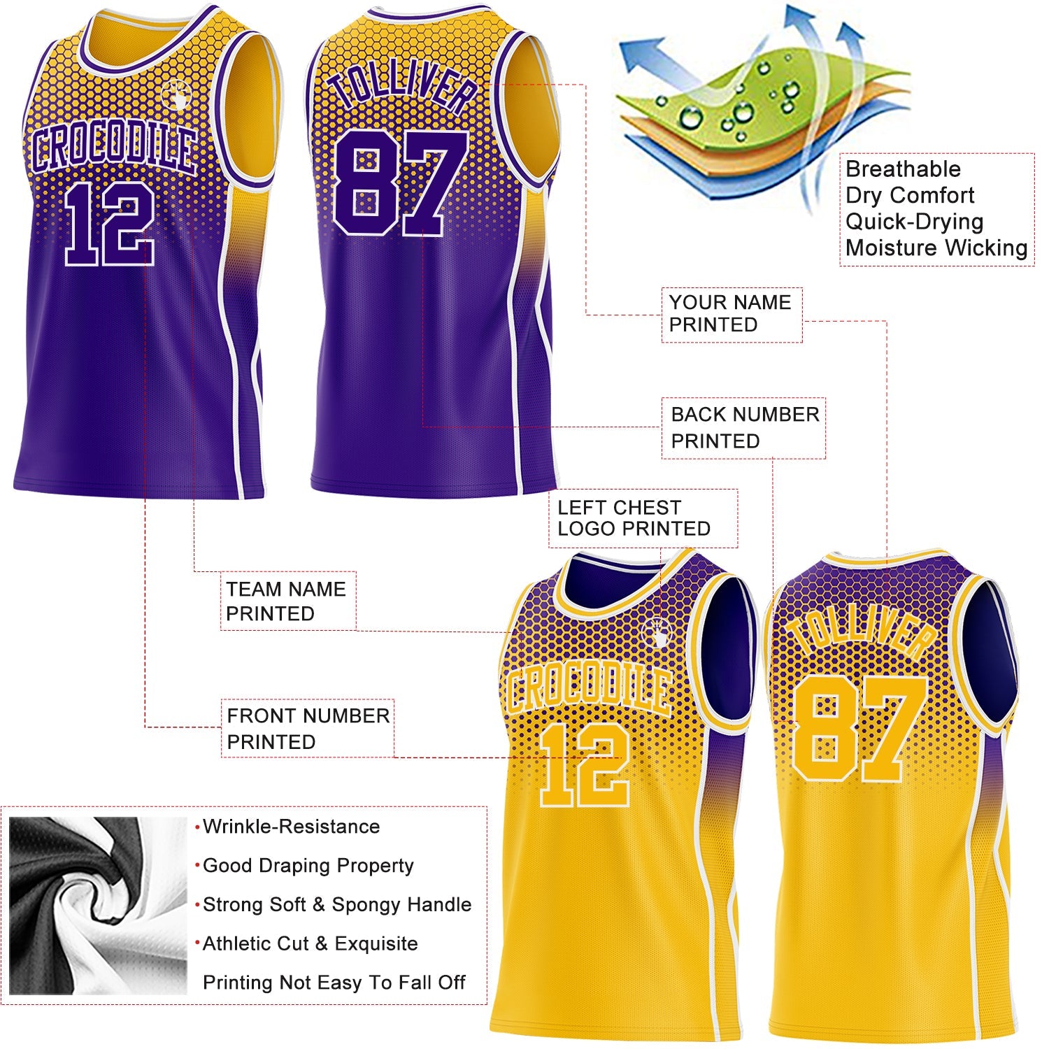 Custom Purple Gold-White Side Panel Stripe Gradient Geometric Honeycomb Reversible Double Side Sublimation Basketball Set Jersey