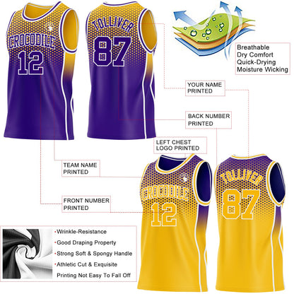 Custom Purple Gold-White Side Panel Stripe Gradient Geometric Honeycomb Reversible Double Side Sublimation Basketball Set Jersey