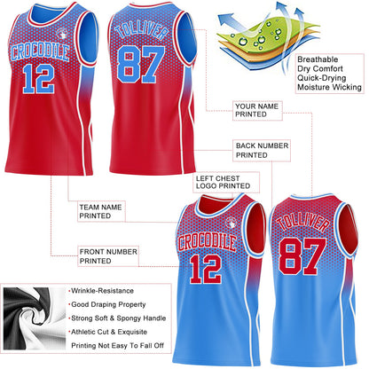 Custom Red Powder Blue-White Side Panel Stripe Gradient Geometric Honeycomb Reversible Double Side Sublimation Basketball Set Jersey