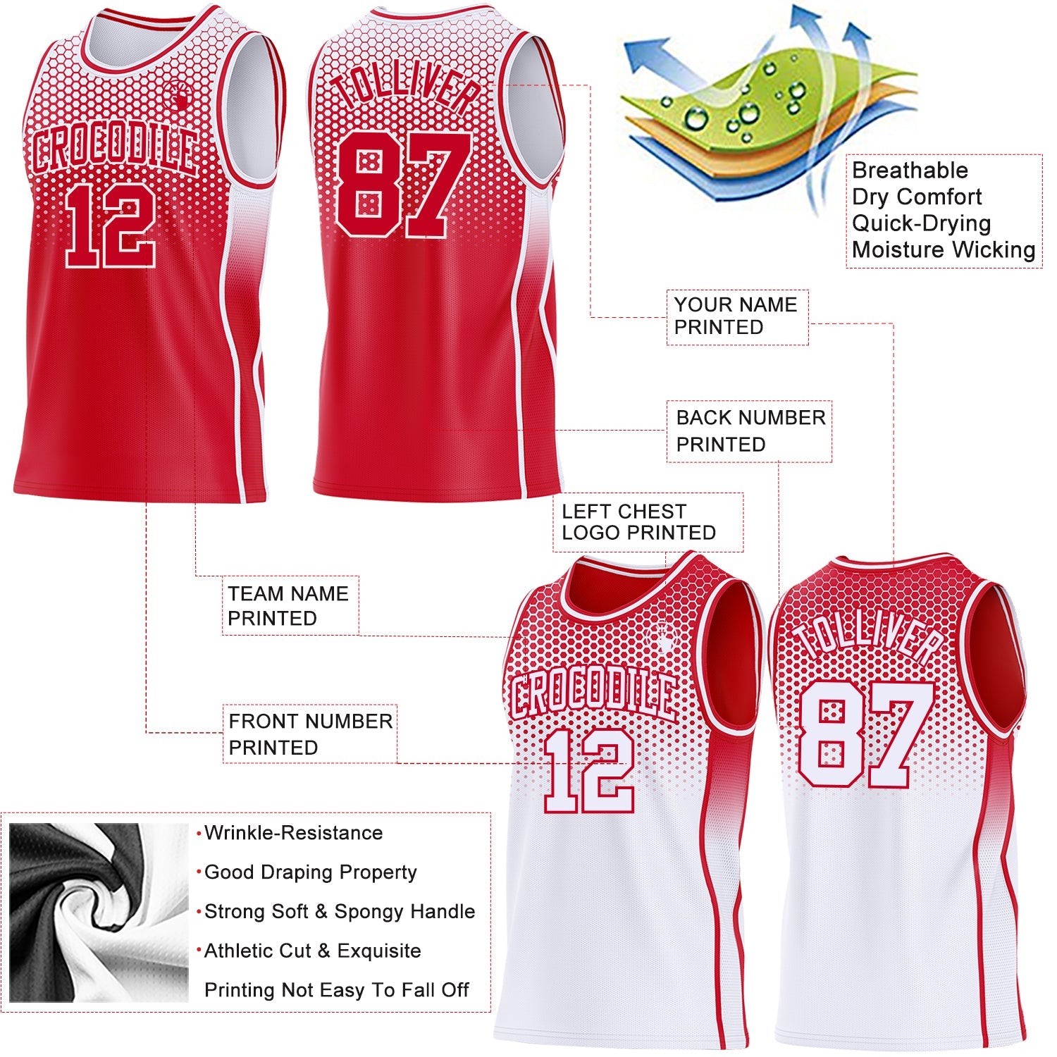 Custom Red-White Side Panel Stripe Gradient Geometric Honeycomb Reversible Double Side Sublimation Basketball Set Jersey