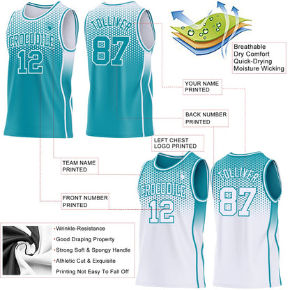Custom Teal-White Side Panel Stripe Gradient Geometric Honeycomb Reversible Double Side Sublimation Basketball Set Jersey