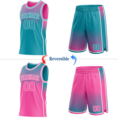 Custom Teal Pink-White Side Panel Stripe Gradient Geometric Honeycomb Reversible Double Side Sublimation Basketball Set Jersey