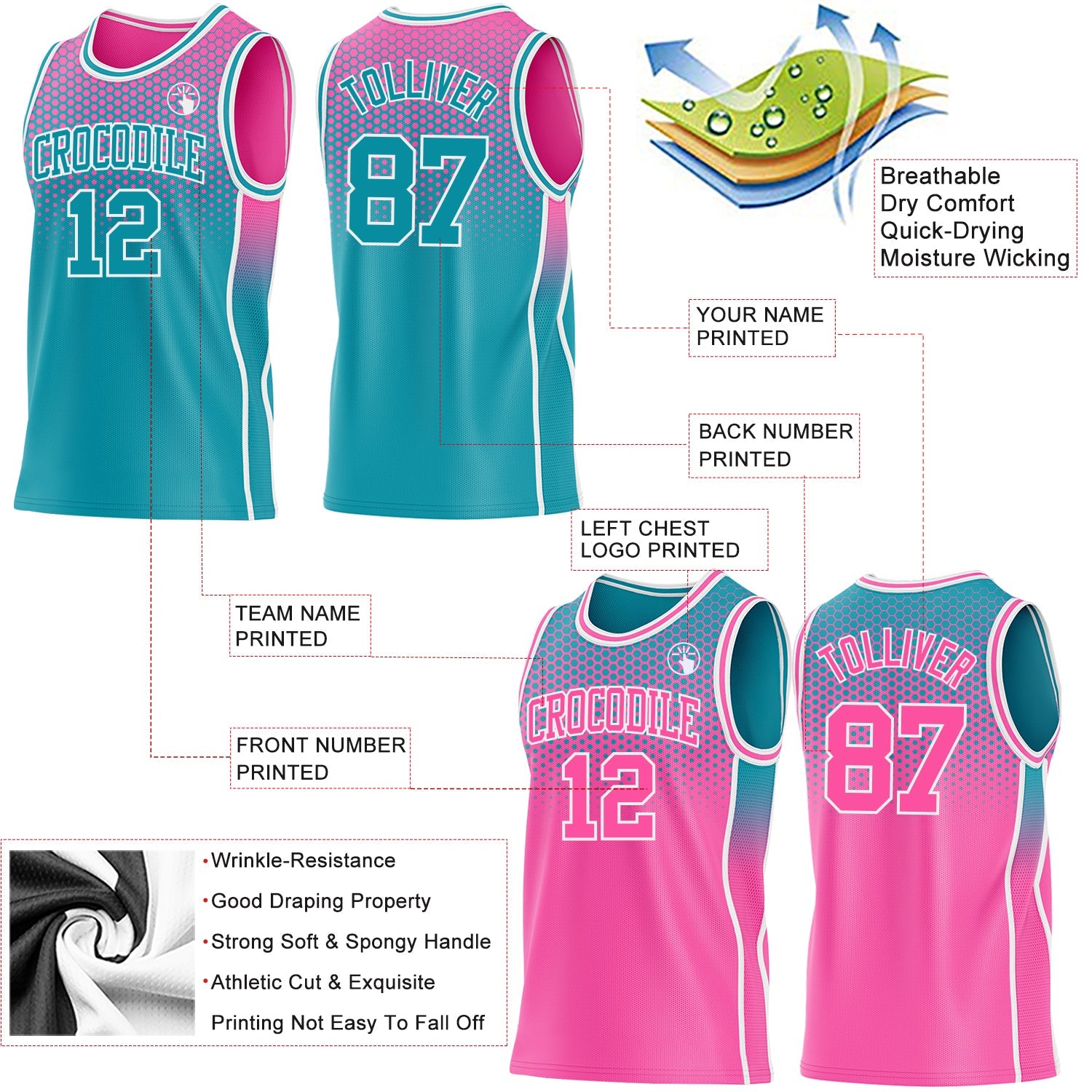 Custom Teal Pink-White Side Panel Stripe Gradient Geometric Honeycomb Reversible Double Side Sublimation Basketball Set Jersey