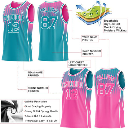 Custom Teal Pink-White Side Panel Stripe Gradient Geometric Honeycomb Reversible Double Side Sublimation Basketball Set Jersey