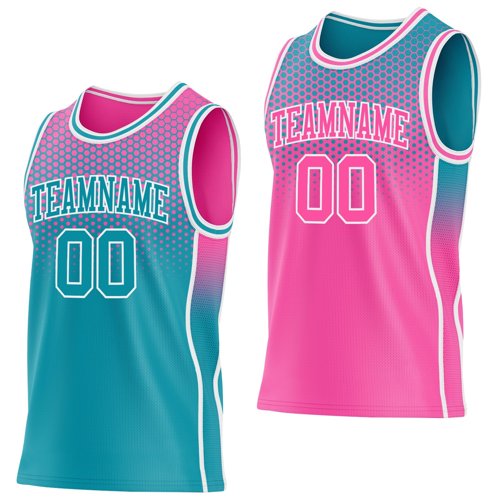 Custom Teal Pink-White Side Panel Stripe Gradient Geometric Honeycomb Reversible Double Side Sublimation Basketball Set Jersey