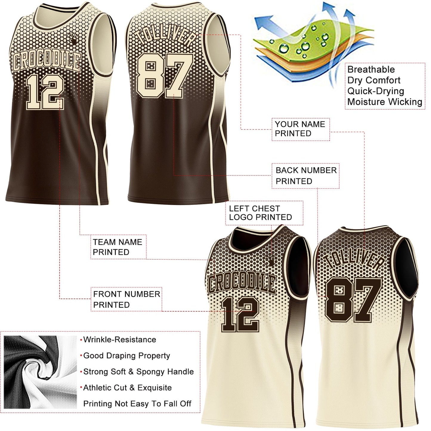 Custom Brown-Cream Side Panel Stripe Gradient Geometric Honeycomb Reversible Double Side Sublimation Basketball Set Jersey