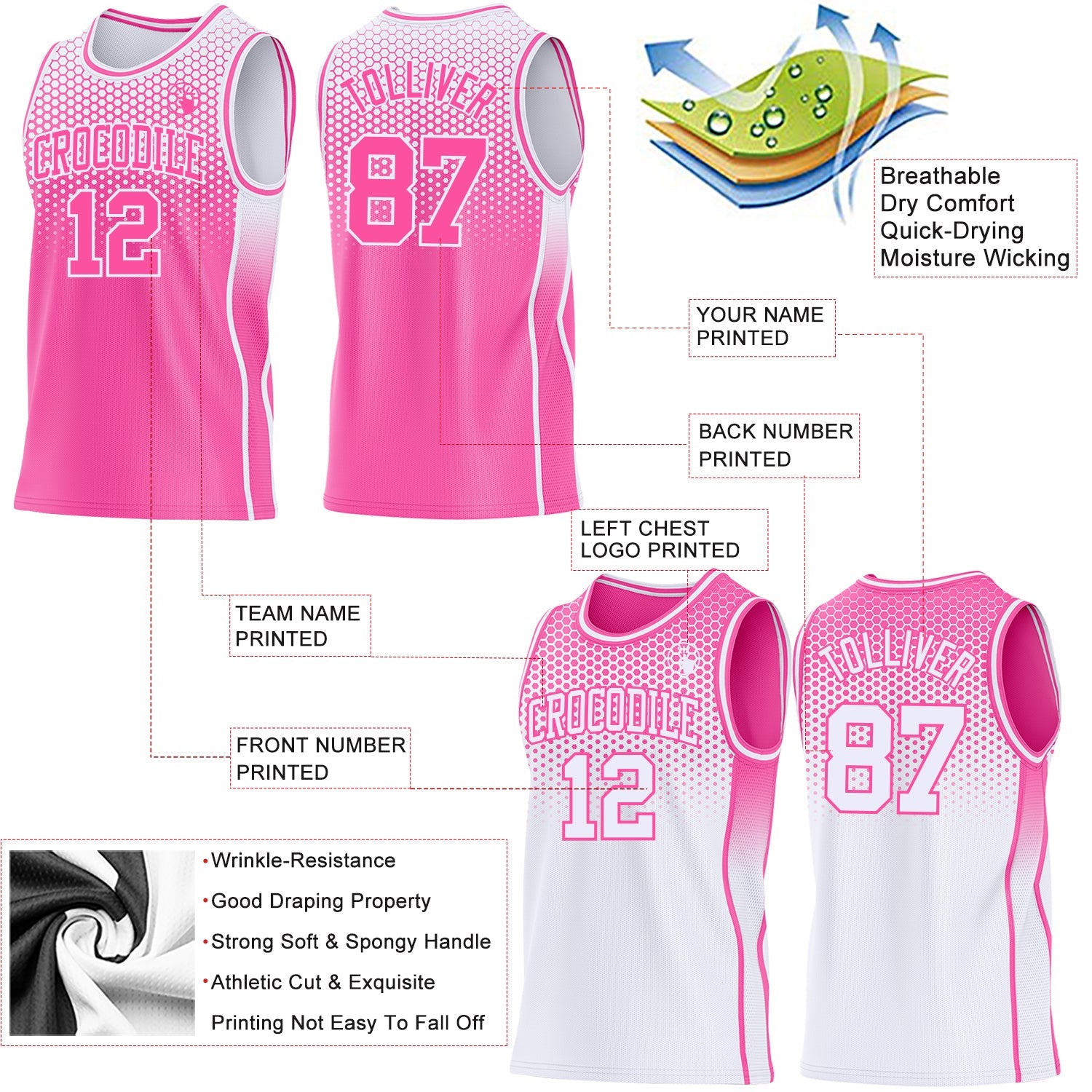 Custom Pink-White Side Panel Stripe Gradient Geometric Honeycomb Reversible Double Side Sublimation Basketball Set Jersey