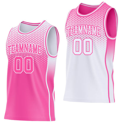 Custom Pink-White Side Panel Stripe Gradient Geometric Honeycomb Reversible Double Side Sublimation Basketball Set Jersey