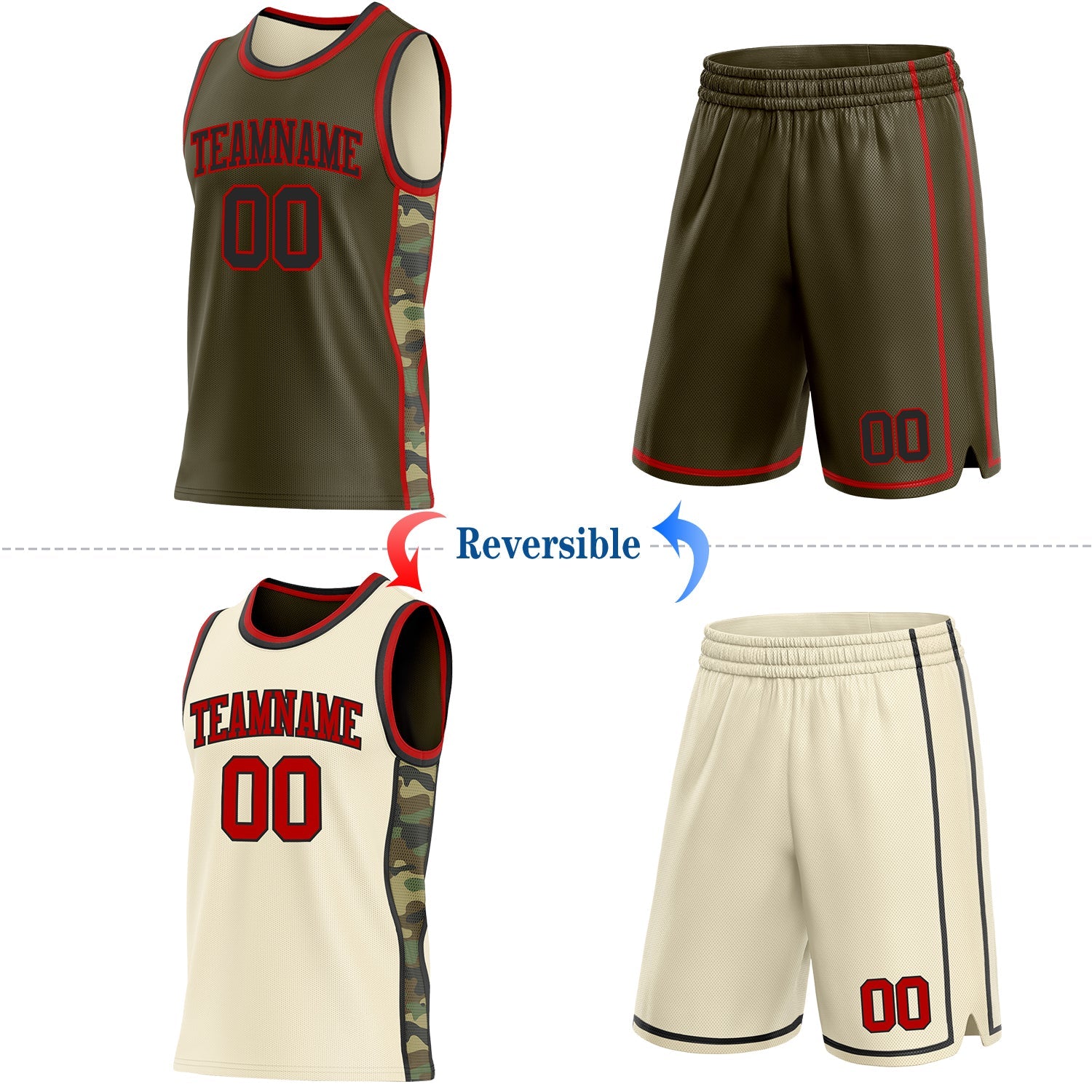 Custom Olive(Cream) Black-Red Camo Side Panel Stripe Reversible Double Side Sublimation Basketball Set Jersey