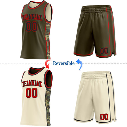 Custom Olive(Cream) Black-Red Camo Side Panel Stripe Reversible Double Side Sublimation Basketball Set Jersey