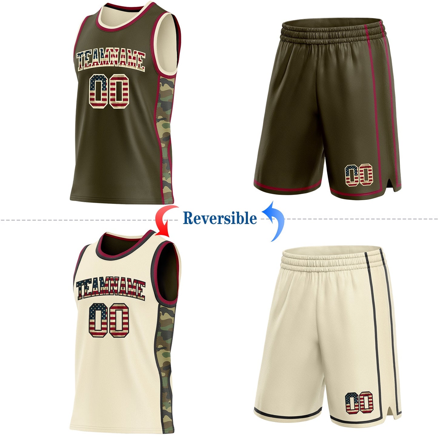 Custom Olive Vintage USA Flag Cream-Maroon Camo Side Panel Stripe Reversible Double Side Sublimation Basketball Set Jersey