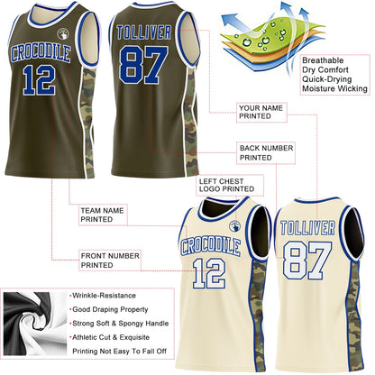 Custom Olive(Cream) Royal-White Camo Side Panel Stripe Reversible Double Side Sublimation Basketball Set Jersey