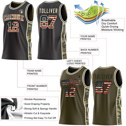 Custom Black(Olive) Vintage USA Flag-Cream Camo Side Panel Stripe Reversible Double Side Sublimation Basketball Set Jersey