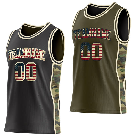 Custom Black(Olive) Vintage USA Flag-Cream Camo Side Panel Stripe Reversible Double Side Sublimation Basketball Set Jersey