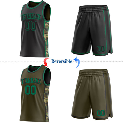 Custom Black(Olive)-Kelly Green Camo Side Panel Stripe Reversible Double Side Sublimation Basketball Set Jersey