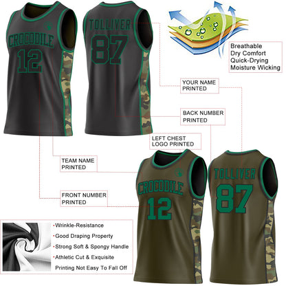 Custom Black(Olive)-Kelly Green Camo Side Panel Stripe Reversible Double Side Sublimation Basketball Set Jersey