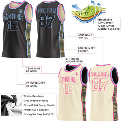 Custom Black(Cream) Light Blue-Pink Camo Side Panel Stripe Reversible Double Side Sublimation Basketball Set Jersey