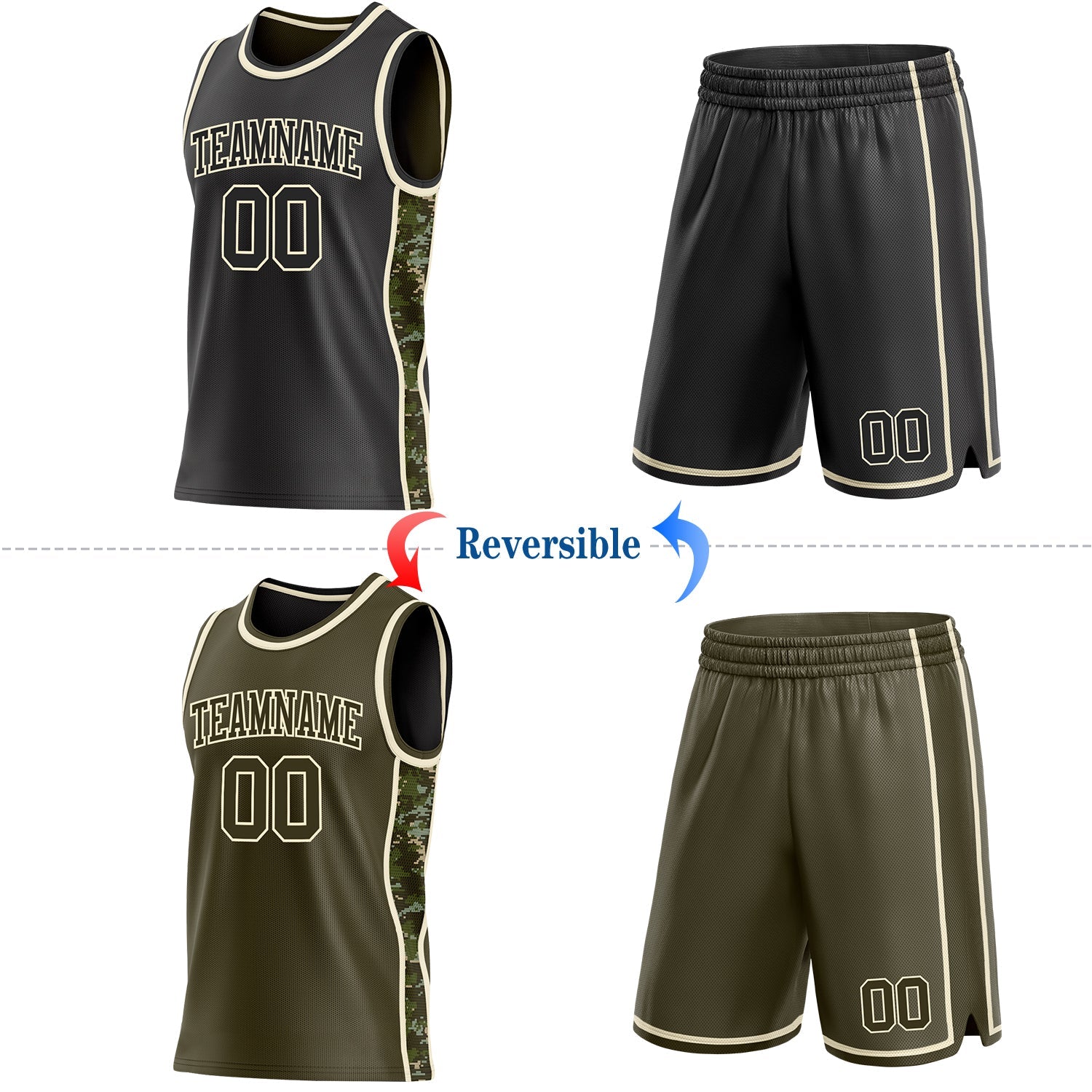Custom Black(Olive)-Cream Digital Camo Side Panel Stripe Reversible Double Side Sublimation Basketball Set Jersey