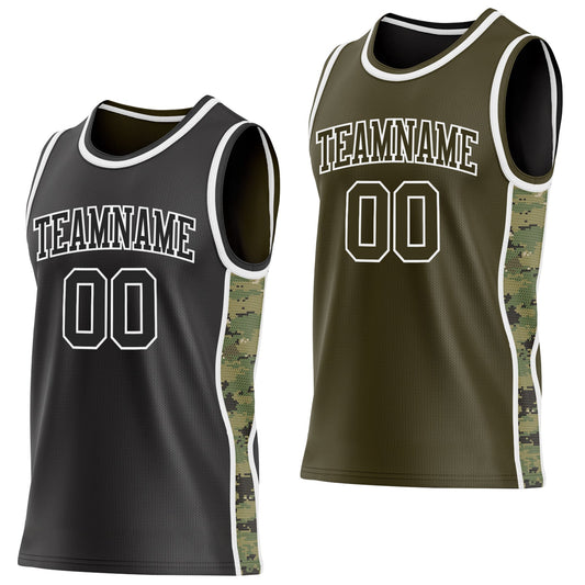 Custom Black(Olive)-White Digital Camo Side Panel Stripe Reversible Double Side Sublimation Basketball Set Jersey