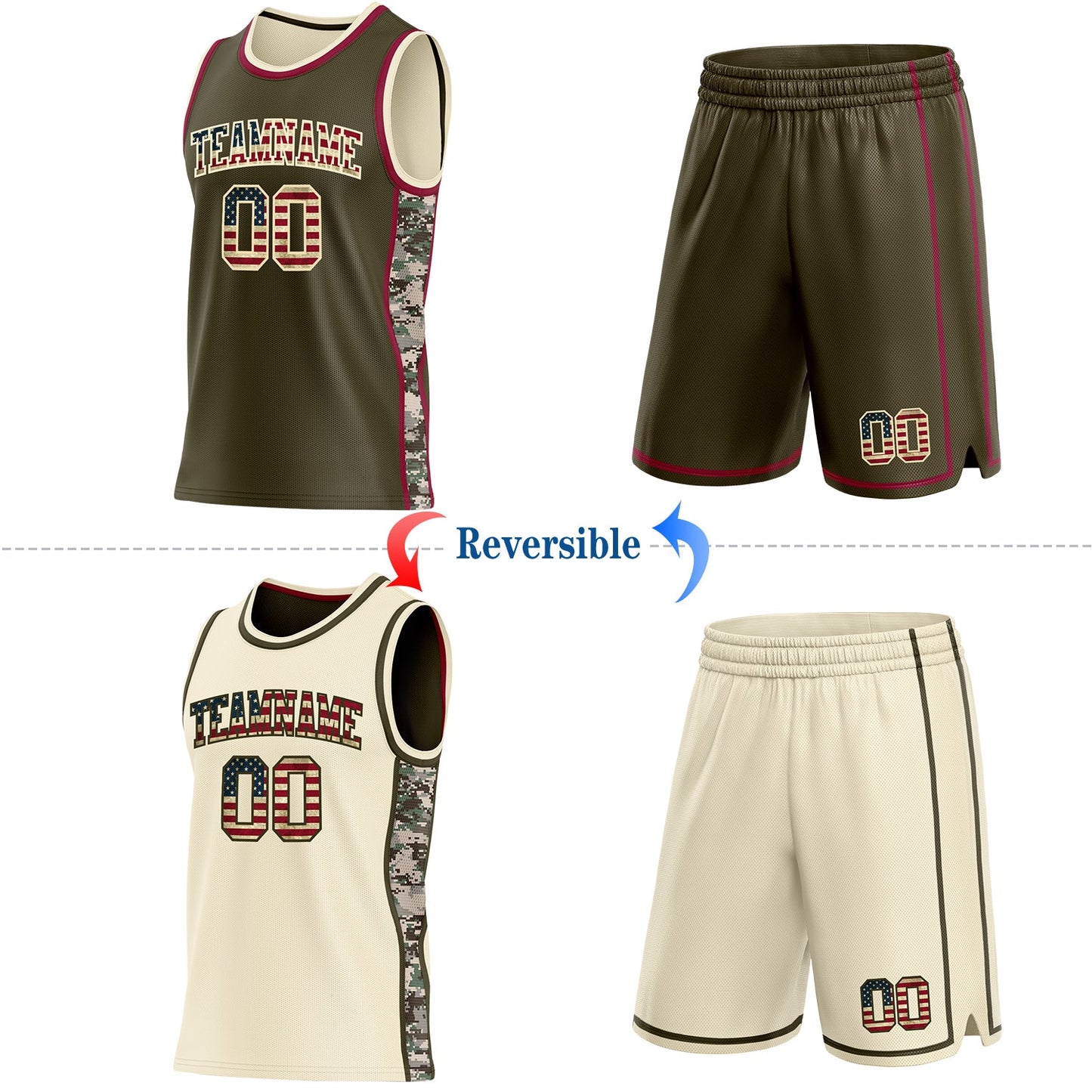 Custom Olive Vintage USA Flag Cream-Maroon Digital Camo Side Panel Stripe Reversible Double Side Sublimation Basketball Set Jersey