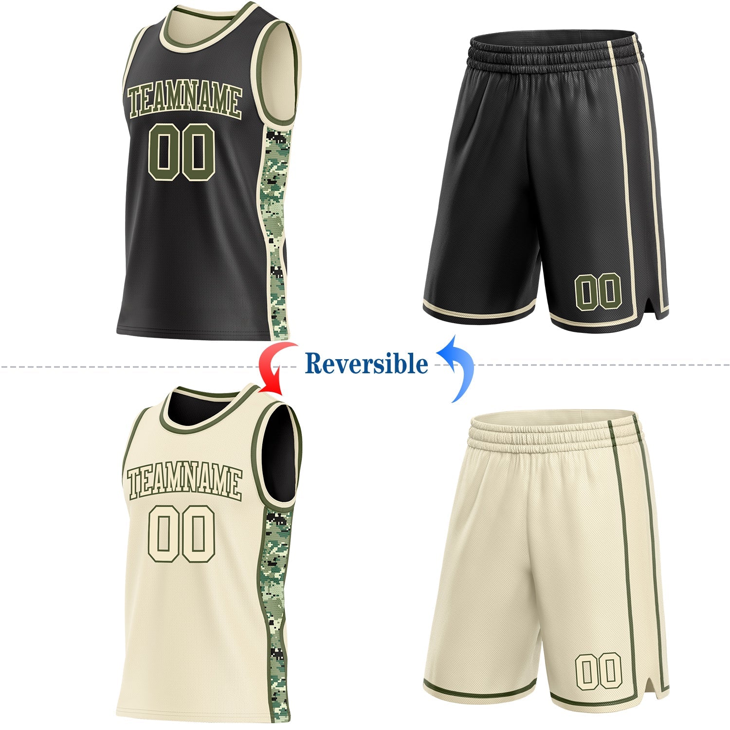 Custom Black Olive-Cream Digital Camo Side Panel Stripe Reversible Double Side Sublimation Basketball Set Jersey