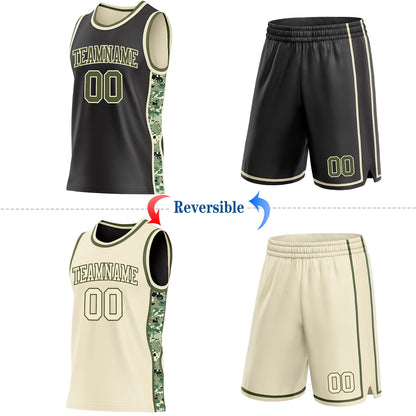 Custom Black Olive-Cream Digital Camo Side Panel Stripe Reversible Double Side Sublimation Basketball Set Jersey