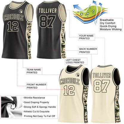 Custom Black-Cream Digital Camo Side Panel Stripe Reversible Double Side Sublimation Basketball Set Jersey