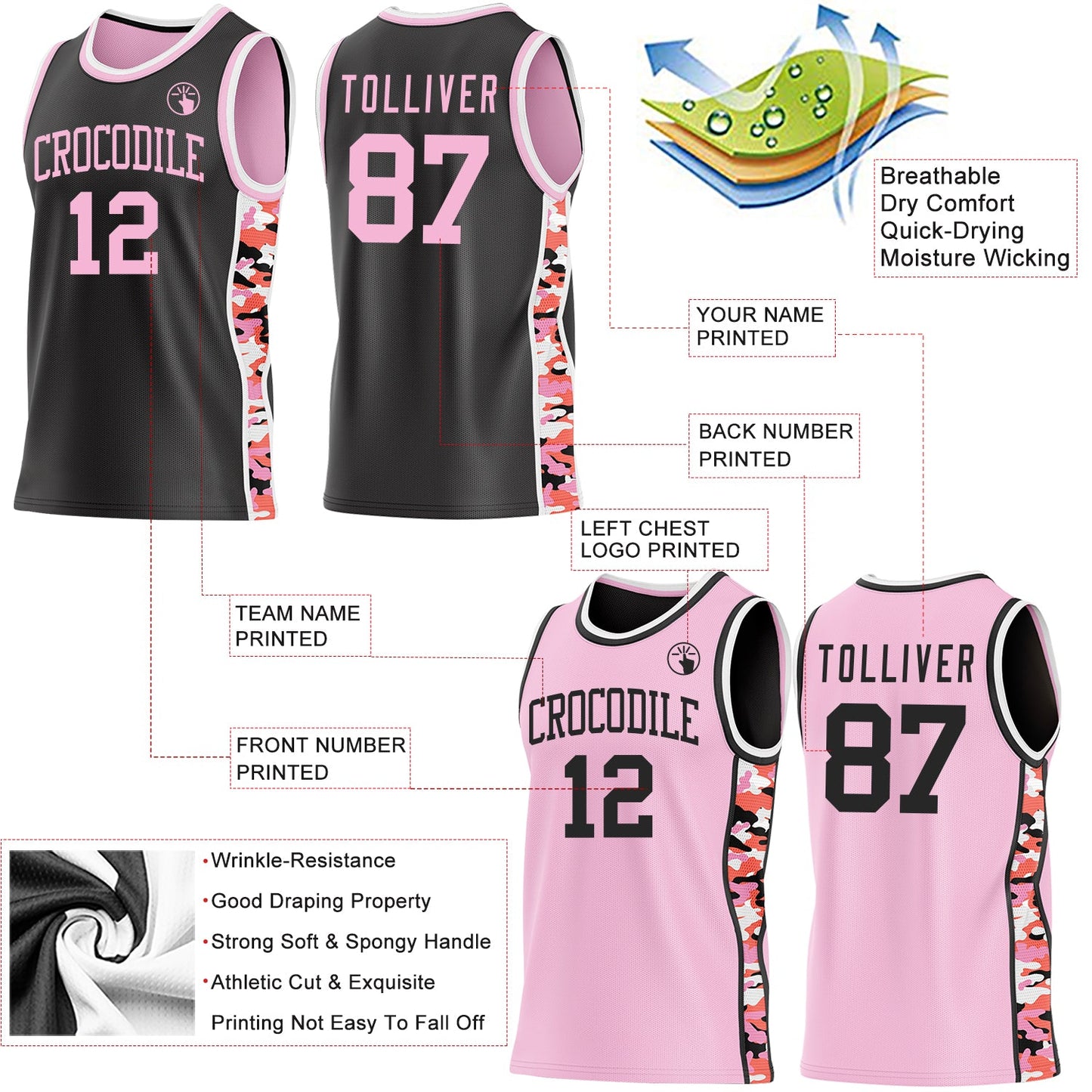 Custom Black Light Pink-White Digital Camo Side Panel Stripe Reversible Double Side Sublimation Basketball Set Jersey