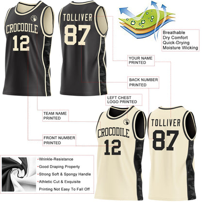 Custom Black-Cream Camo Side Panel Stripe Reversible Double Side Sublimation Basketball Set Jersey
