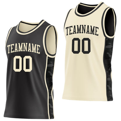 Custom Black-Cream Camo Side Panel Stripe Reversible Double Side Sublimation Basketball Set Jersey