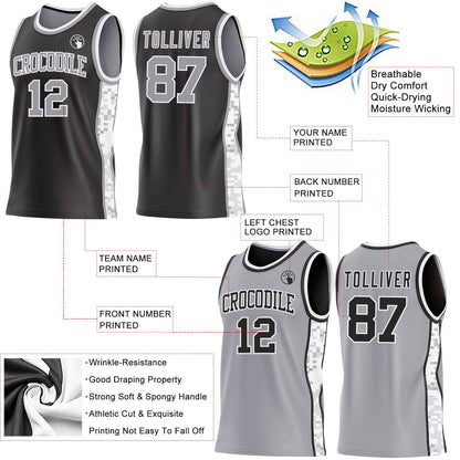 Custom Black Gray-White Arctic Camo Side Panel Stripe Reversible Double Side Sublimation Basketball Set Jersey