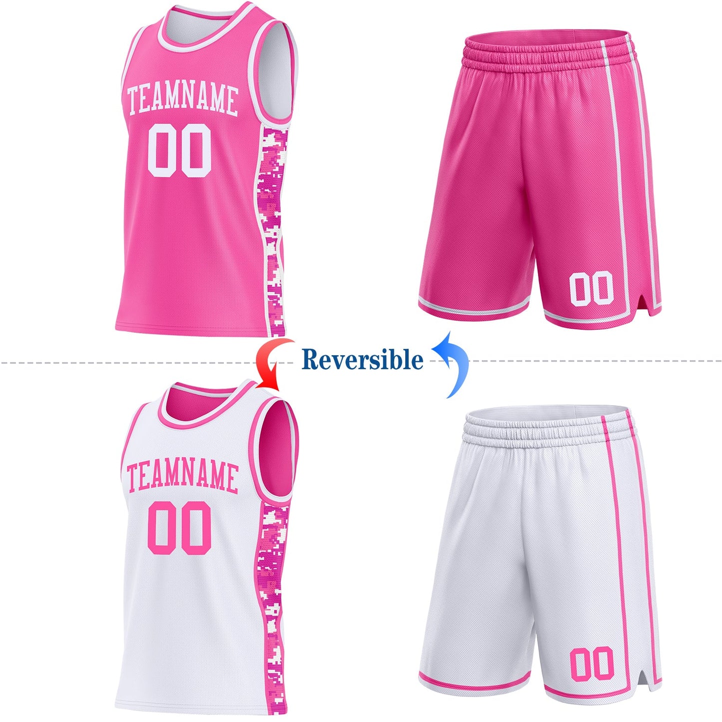 Custom Pink-White Camo Side Panel Stripe Reversible Double Side Sublimation Basketball Set Jersey