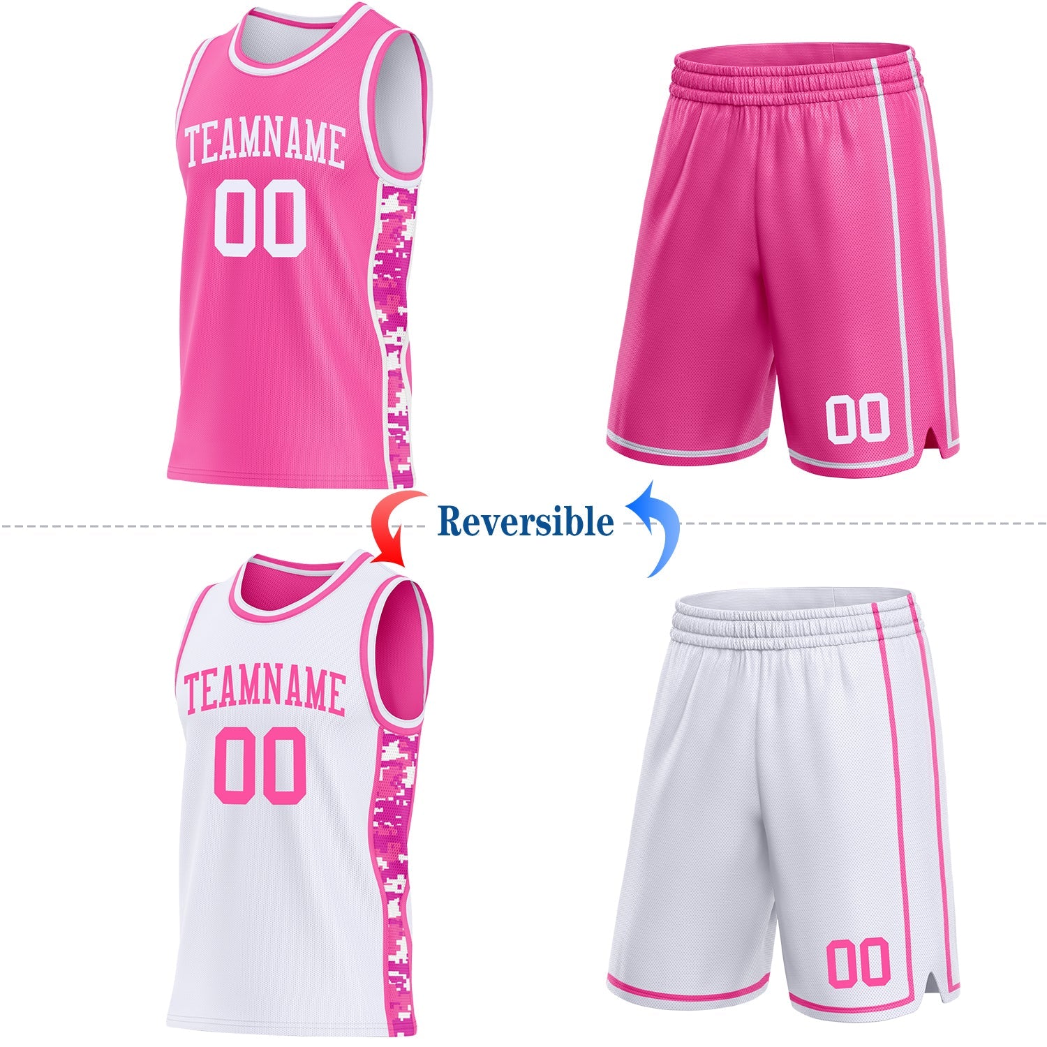 Custom Pink-White Camo Side Panel Stripe Reversible Double Side Sublimation Basketball Set Jersey