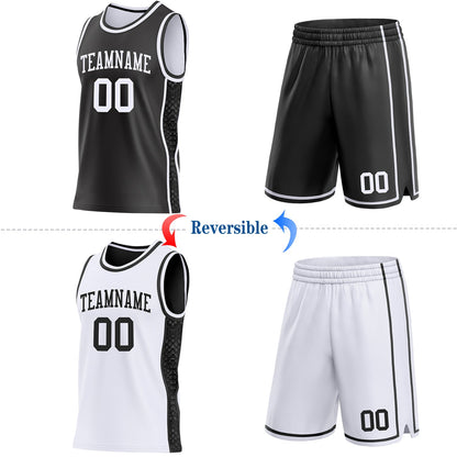 Custom Black-White Mamba Snakeskin Side Panel Stripe Reversible Double Side Sublimation Basketball Set Jersey