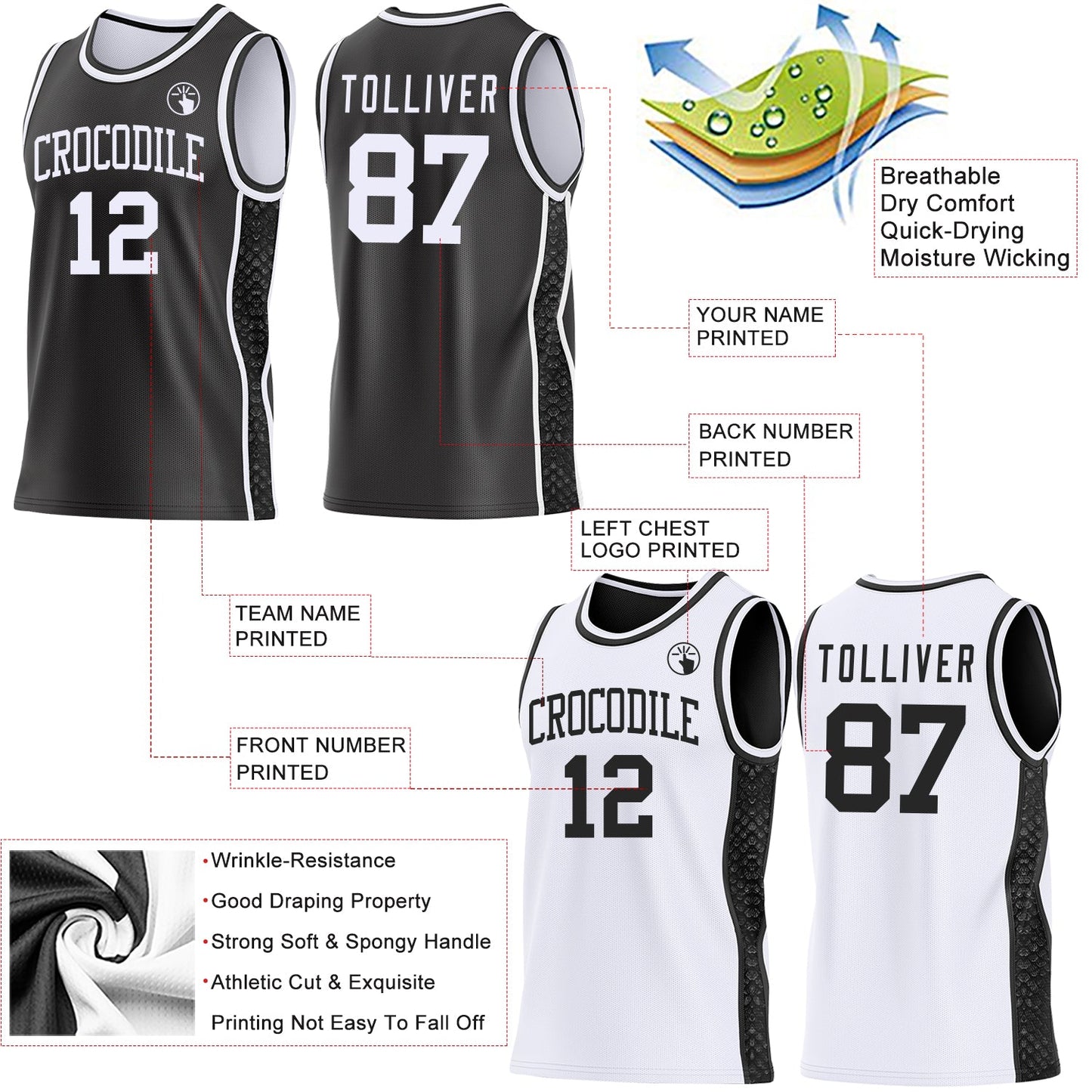 Custom Black-White Mamba Snakeskin Side Panel Stripe Reversible Double Side Sublimation Basketball Set Jersey