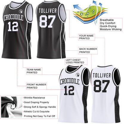 Custom Black-White Mamba Snakeskin Side Panel Stripe Reversible Double Side Sublimation Basketball Set Jersey